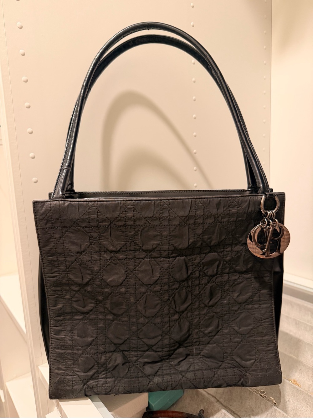 Christian Dior Cannage Tote Bag Black Nylon with Silver Toned Charms